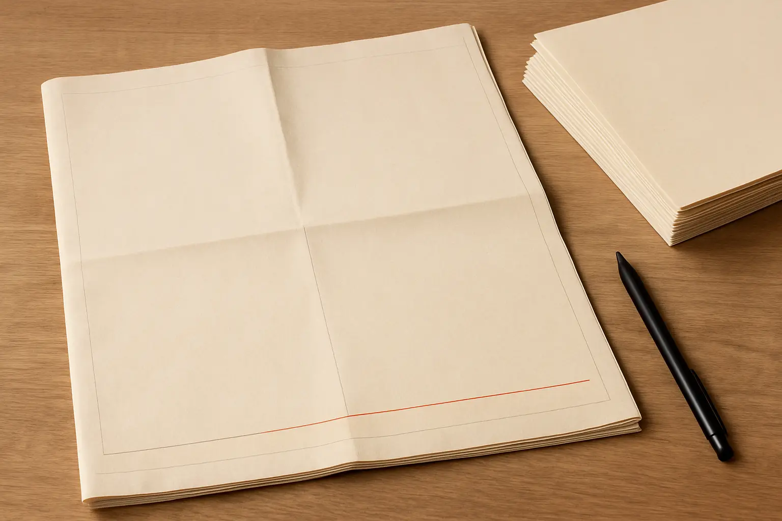 Sanomalehden työpöytä: kermanvärisiä paperipinoja, musta kynä ja yksi punainen linja.